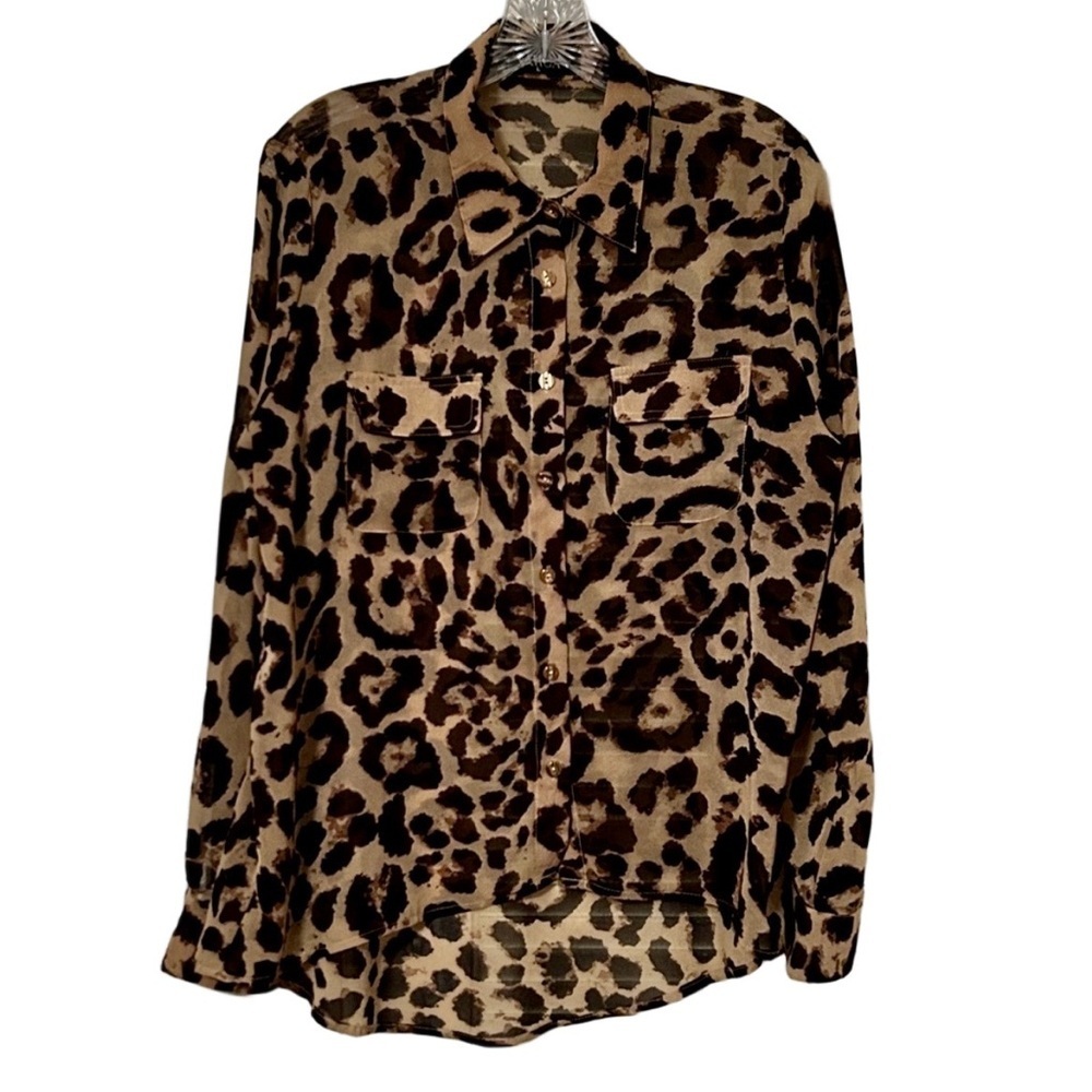 Varga Leopard Print Button Down Blouse Women’s Large Brown Tan Long Sleeve